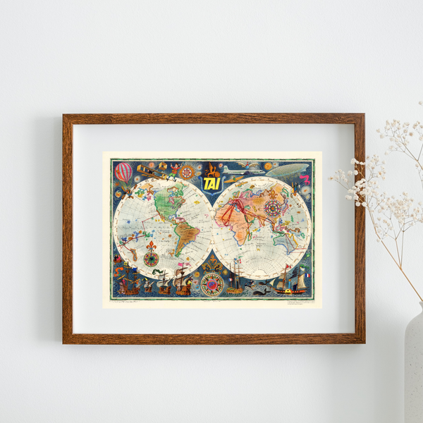 An Old Vintage Map of An Old Vintage TIA Airline Map Illustration as Print/Poster by Luc Marie Bayle | Airline Art | Wall art