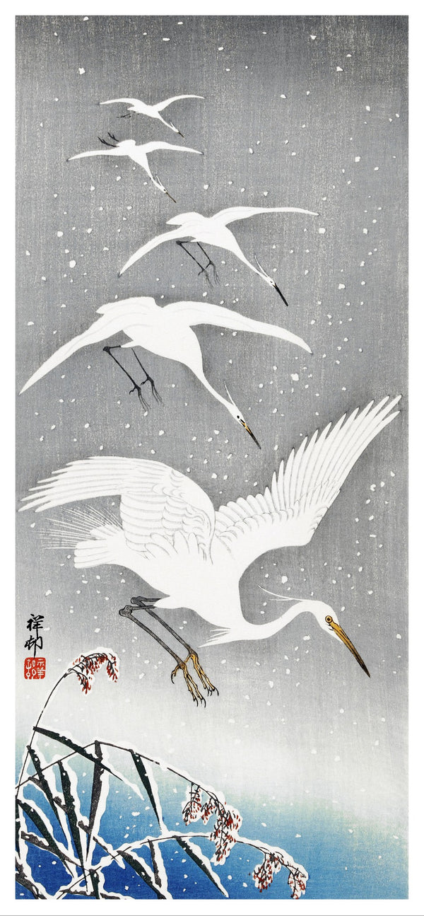 White birds in snow   | Japanese Crane/Egret | Vintage Birds | Illustrations | Totalposter