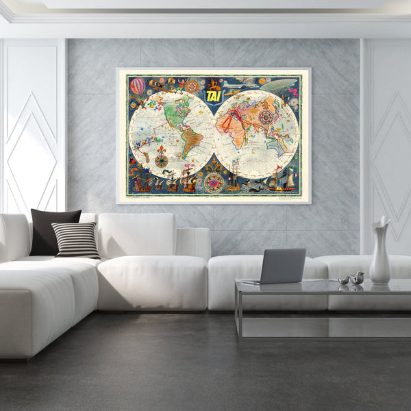 An Old Vintage Map of An Old Vintage TIA Airline Map Illustration as Print/Poster by Luc Marie Bayle | Airline Art | Wall art