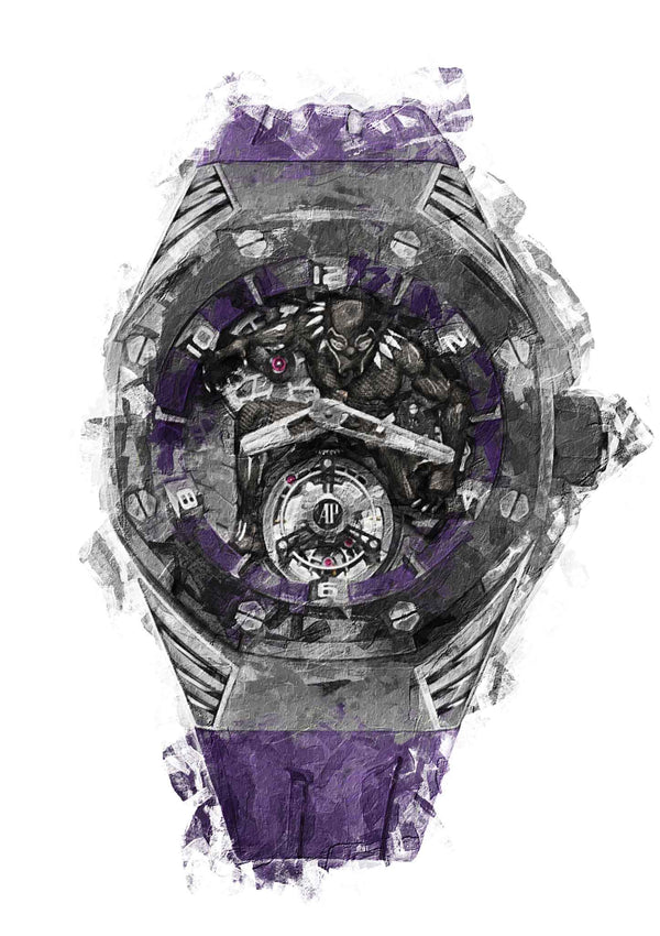 Audemars Piguet Royal Oak Concept Black Panther tourbillon watch. A collaboration with Marvel, with Black Panther figure on the dial 