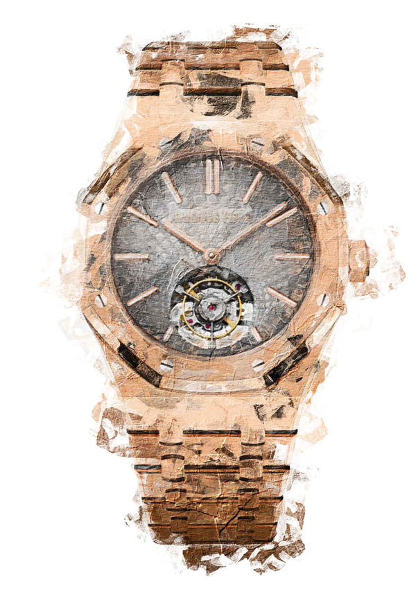 Watch Poster Art of Audemars Piguet Royal Oak self-winding Flying Tourbillon Gold watch with a gold case 