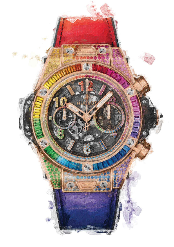Hublot Big Bang Unico Rainbow King Gold which transposes the column wheel on the dial side, 176 gemstones matching leather strap