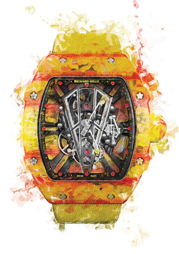 Watch art poster of Richard Mille RM 27-03 Rafael Nadal edition shock resistant up to 10000kg so is near indestructable