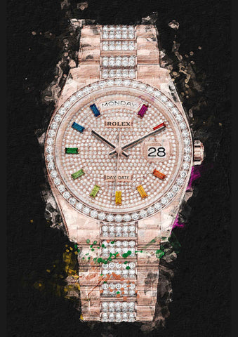 Rolex Day Date Rainbow Diamonds black ground | Watch Art Posters