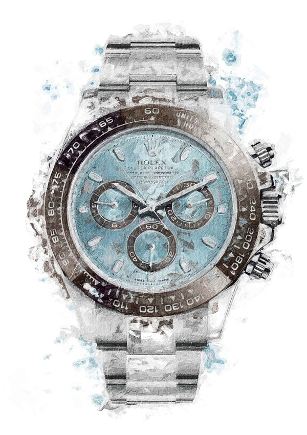 Rolex Daytona Platinum Ice Blue Ref 116506 Chronograph with blue dial on white background
