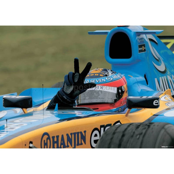 Fernando Alonso / Renault celebrates a hat trick of wins on his slowing down lap after the San Marino Grand Prix at Imola | TotalPoster