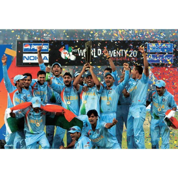 India celebrates with the ICC World Twenty20 trophy after victory against Pakistan in the final cricket match in Johannesburg | TotalPoster