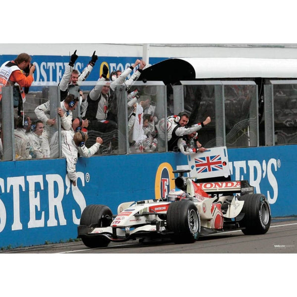 Jenson Button / Honda F1 takes the chequered flag to win his first ever F1 Grand Prix after victory in the Hungarian Grand Prix | TotalPoster