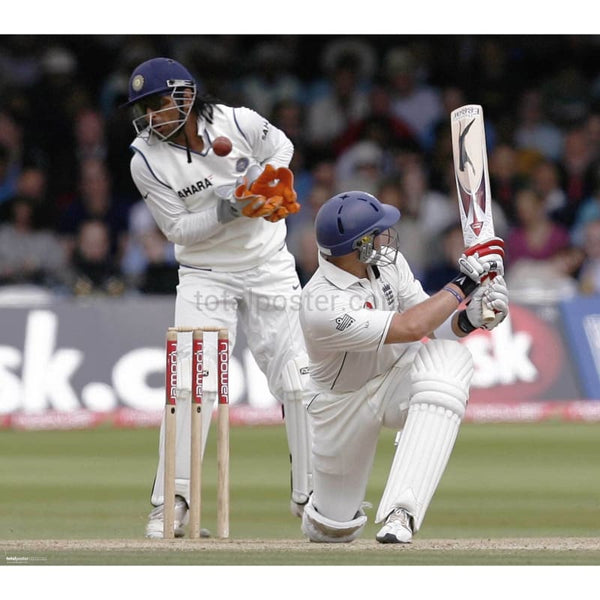 Matt Prior plays a shot as wicketkeeper Mahendra Dhoni reacts during the fourth day of the first Test cricket match between England and India at Lord's cricket ground | TotalPoster