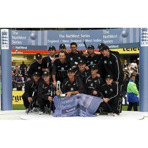 New Zealand celebrate with the trophy after victory in the New Zealand v West Indies Natwest Series One Day International Final | TotalPoster