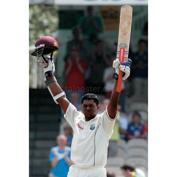 West Indies' Shivnarine Chanderpaul celebrates his 100 during the fifth day of their third test cricket match aginst England at Old Trafford | TotalPoster