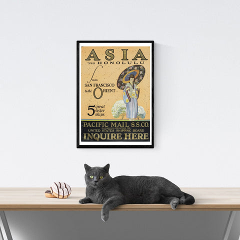 Vendimia | Viajes | Póster | Asia | vía | Honolulú | Pacífico | Correo | Barcos | arte | Decoración | estilo