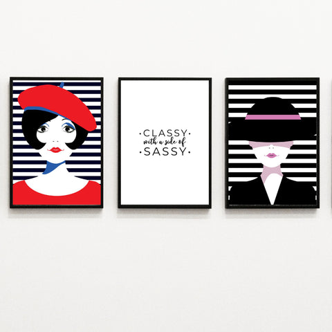 Con clase con un lado descarado: paquete de 3 impresiones elegantes, arte de palabras contemporáneo | Decoración del hogar | cartel total