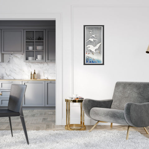 Pájaros blancos en la nieve | Grulla japonesa/garceta | Pájaros antiguos | Ilustraciones | cartel total