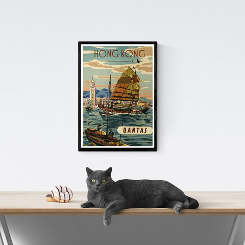 Vintage | Travel | Poster | Hong | Kong | Qantas | Airline | art | Deco | style | Port