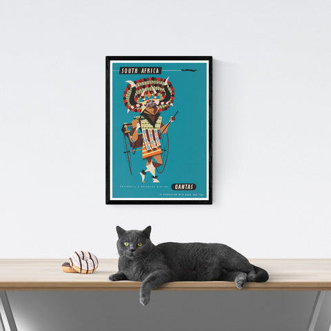 Póster de viaje vintage | Sudáfrica | Qantas | Aerolínea | Estilo art déco