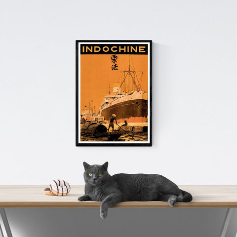Póster de viaje vintage Indochina | Indonesia | China | Estilo Art Déco | Barco de vapor