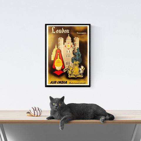 Póster de viaje vintage | Londres |Air India | Aerolínea | Estilo art déco