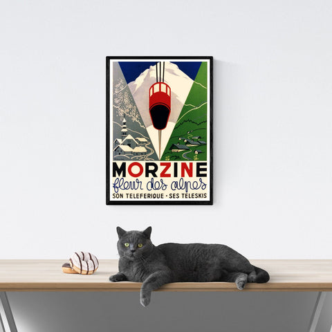 Póster de viaje vintage | Morzine | Francia | Estación de esquí Alpes | teleférico | estilo art déco