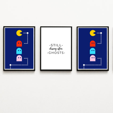 Todavía persiguiendo fantasmas - Pacman paquete de 3 impresiones arte de palabras contemporáneas | Decoración del hogar | cartel total