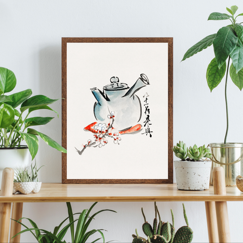 Impresión japonesa vintage: ilustración de una tetera y flores de cerezo | Decoración del hogar | cartel total
