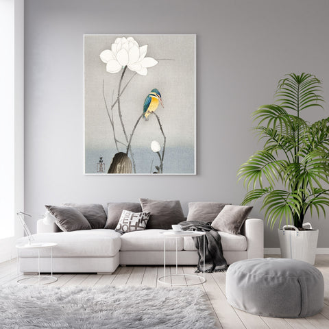 Martín pescador con flor de loto | Arte japonés | Aves de época | Ilustraciones | cartel total