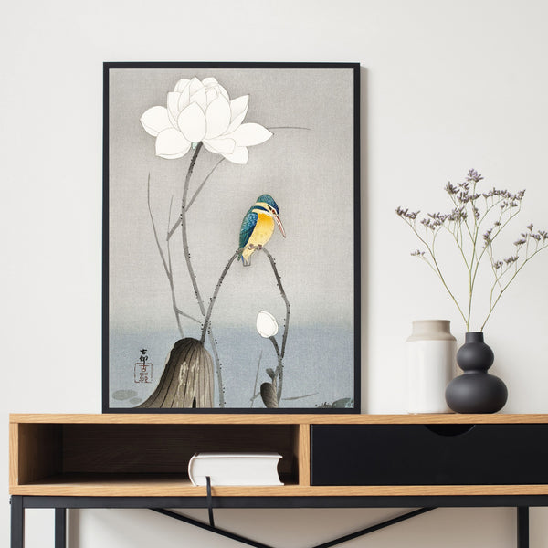 Kingfisher with lotus flower  | Japanese Art | Vintage birds | Illustrations | Totalposter